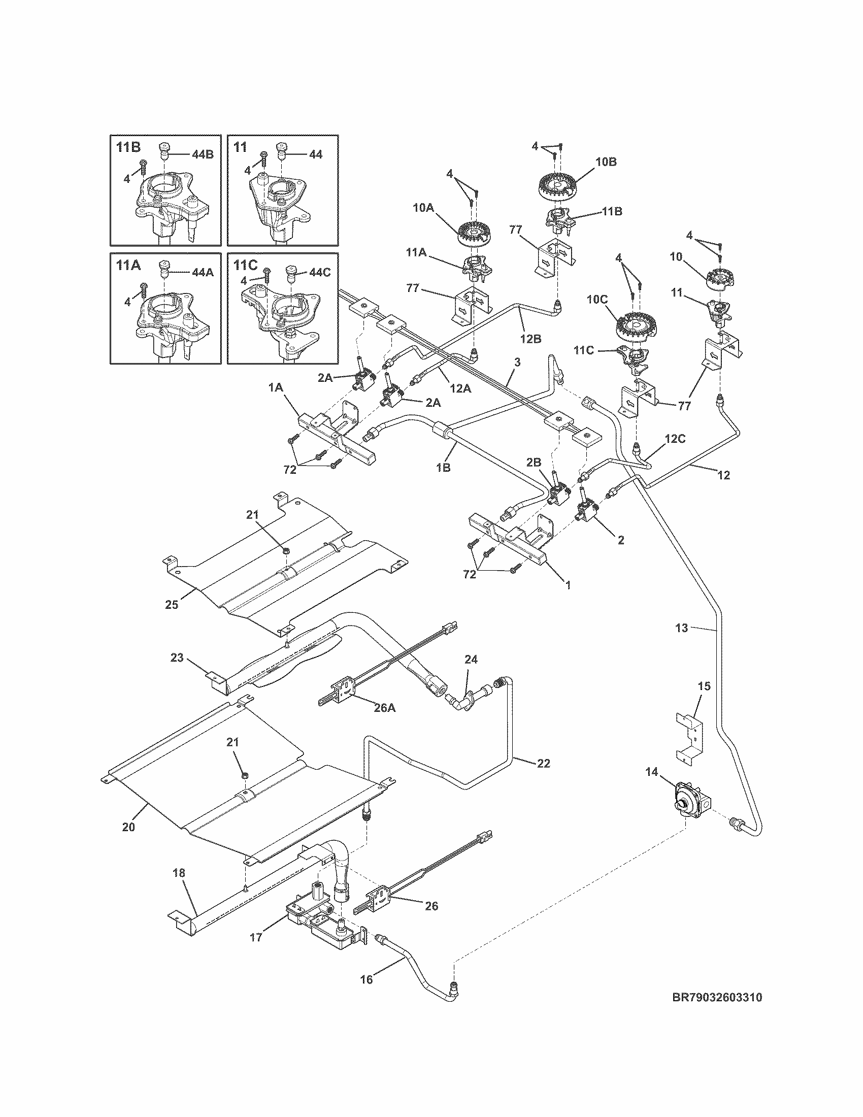 Burner Diagram and Parts List for 79032602311  Kenmore Range