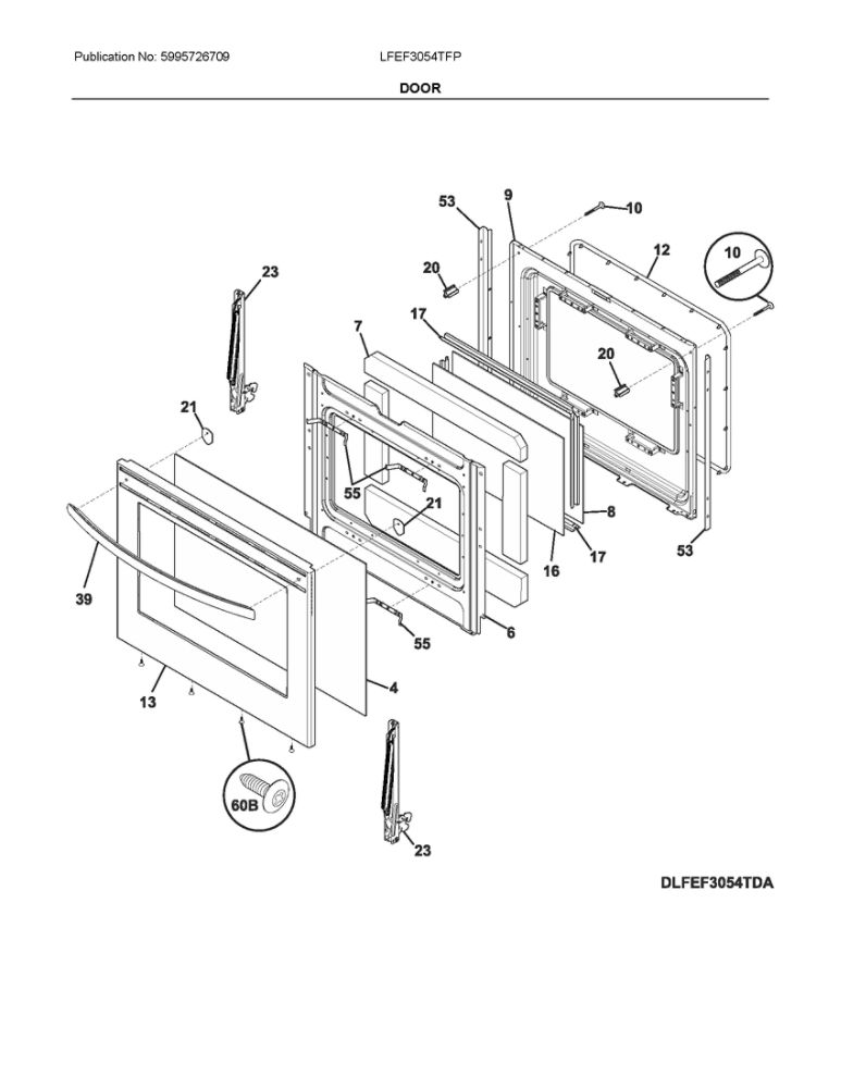 Door Diagram and Parts List for LFEF3054TFP  Frigidaire Range