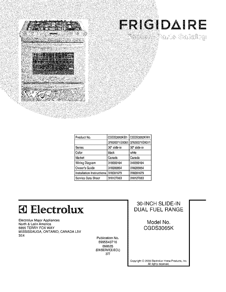 COVER Diagram and Parts List for CGDS3065KW1  Frigidaire Range