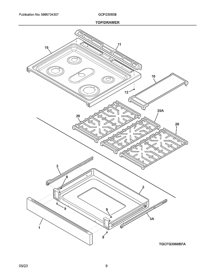 Top/Drawer Diagram and Parts List for GCFG3060BFA  Electrolux Range