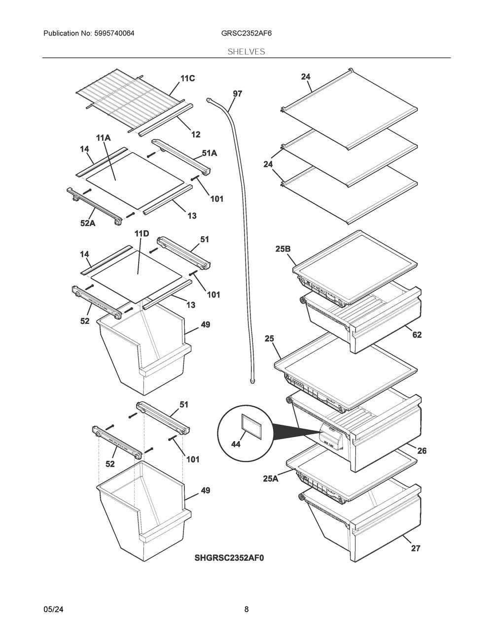 Shelves Diagram and Parts List for GRSC2352AF6  Frigidaire Refrigerator