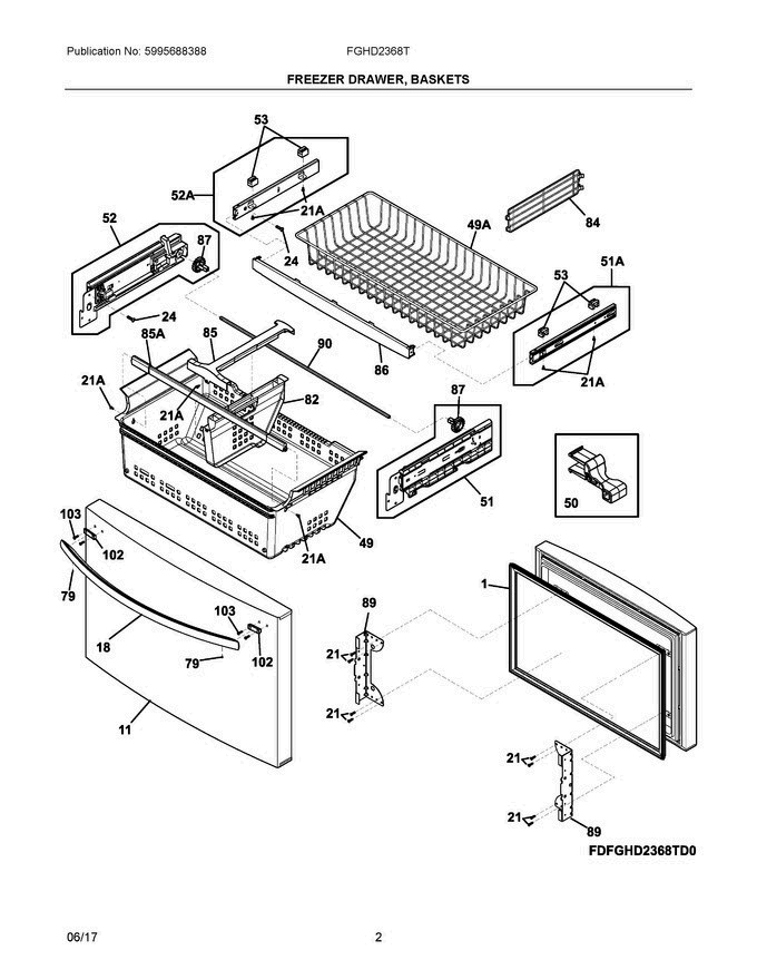 02 - Freezer Drawer, Baskets Diagram and Parts List for FGHD2368TD0  Frigidaire Refrigerator