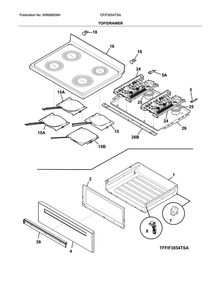 Top/Drawer Diagram and Parts List for CFIF3054TSA  Frigidaire Range