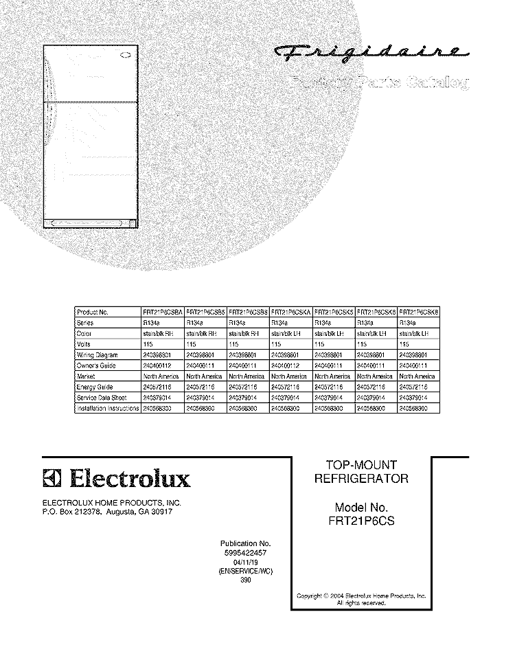 COVER Diagram and Parts List for FRT21P6CSBA  Frigidaire Refrigerator