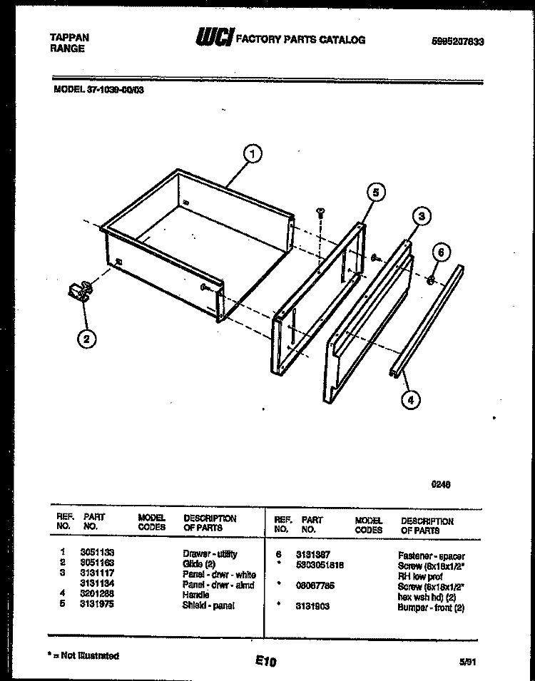 DRAWER PARTS Diagram and Parts List for 37-1039-00-03  Tappan Range
