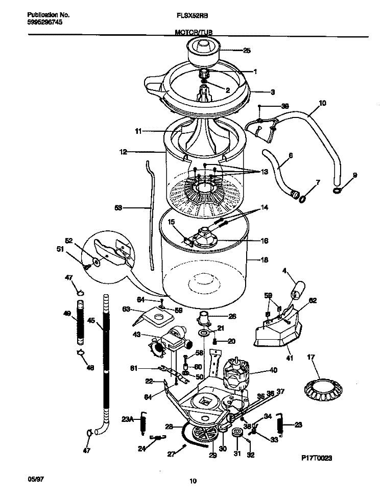 MOTOR / TUB Diagram and Parts List for FLXE52RBT5  Frigidaire Washer Dryer Combo