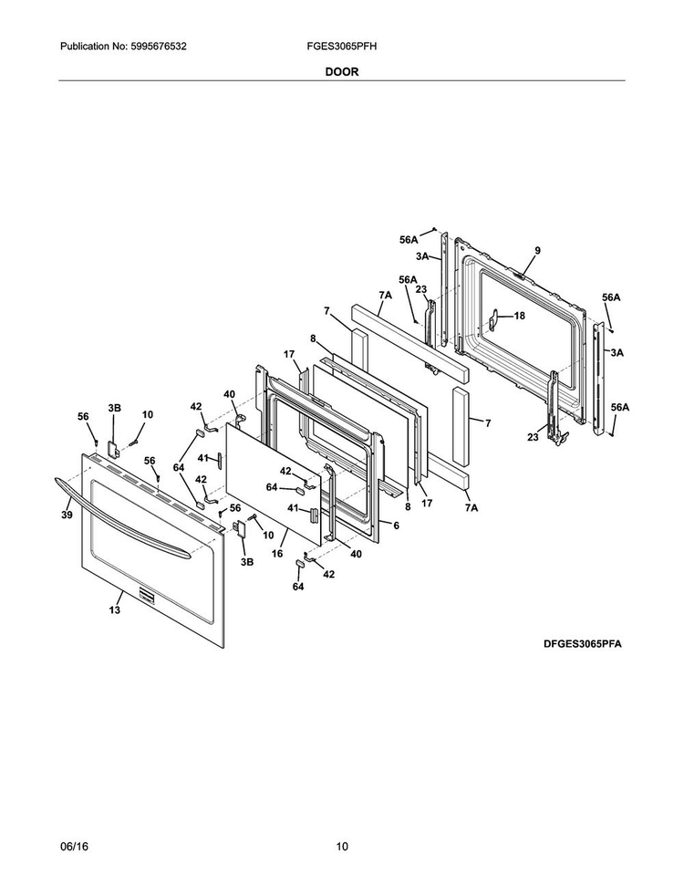 Door Diagram and Parts List for FGES3065PFH  Frigidaire Range