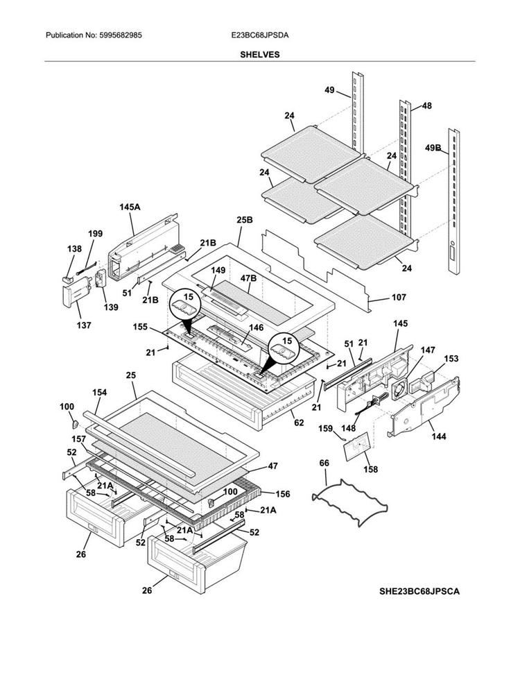Shelves Diagram and Parts List for E23BC68JPSDA  Electrolux Refrigerator