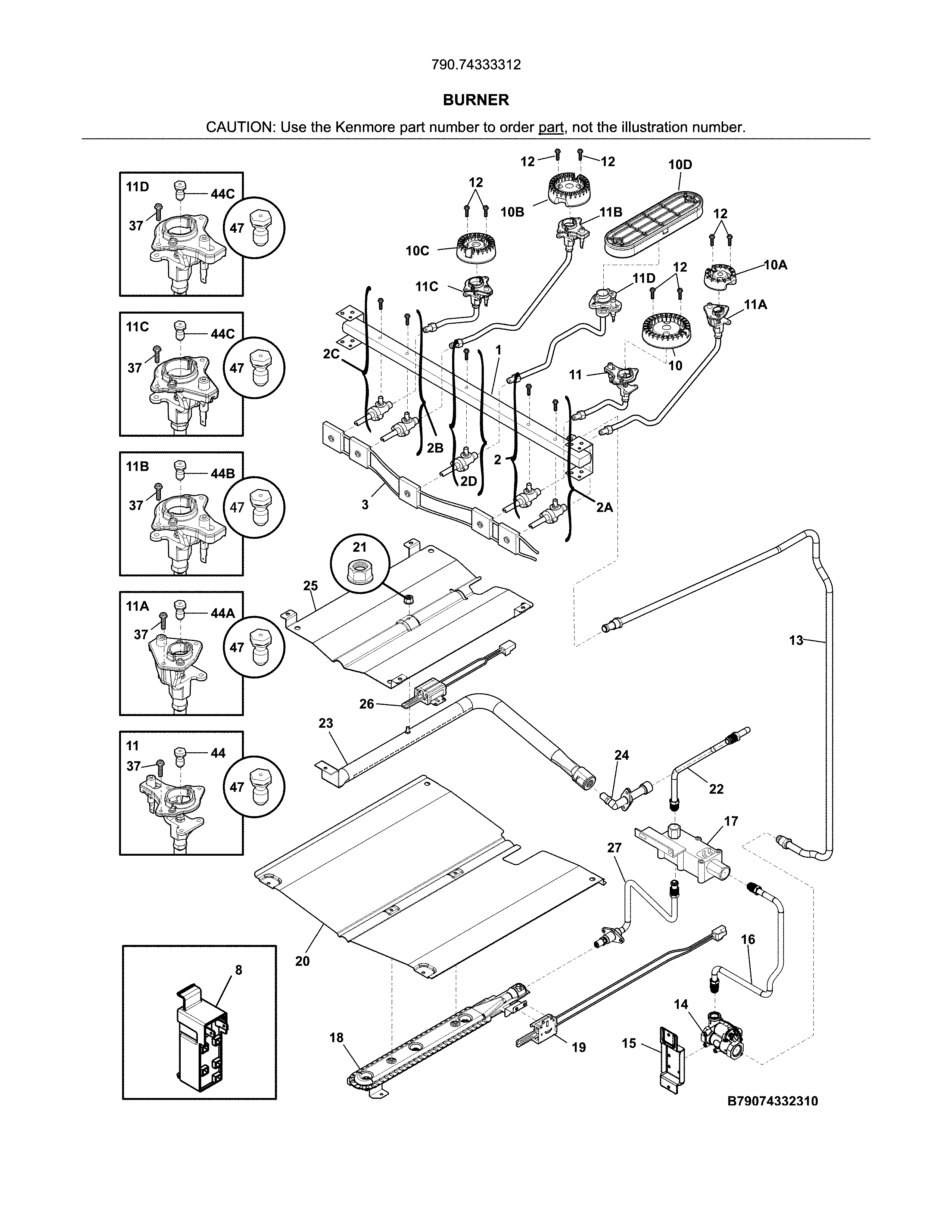 Burner Diagram and Parts List for 79074333312  Kenmore Range