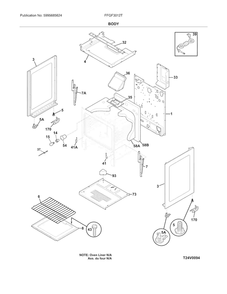 Body Diagram and Parts List for FFGF3012TWA  Frigidaire Range