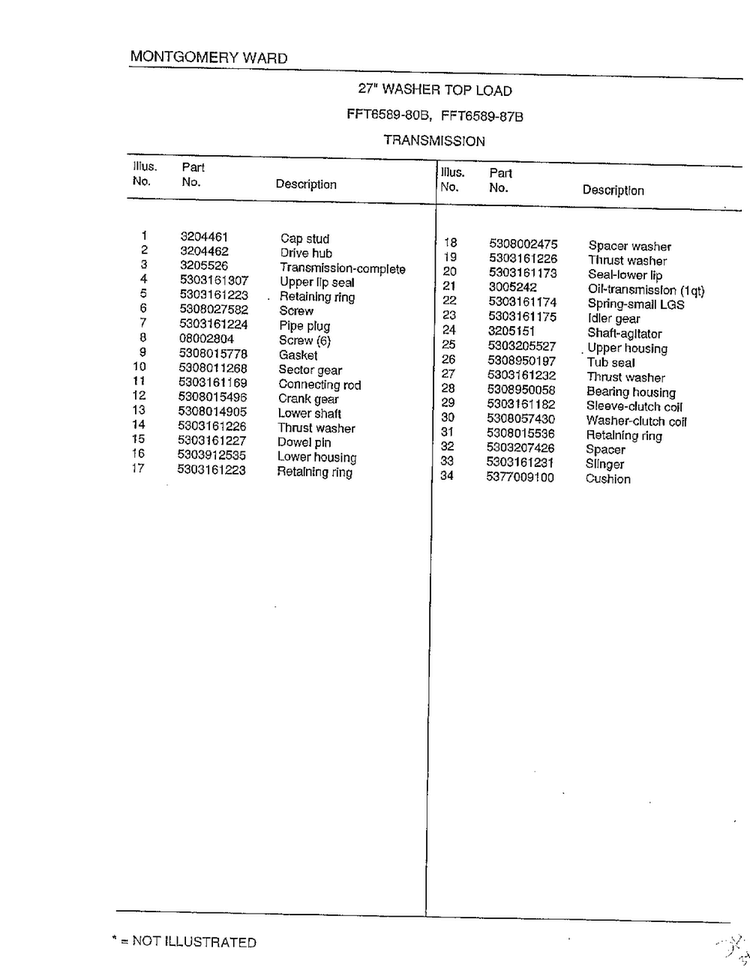 Transmission Page 2 Diagram and Parts List for 6589-80B  Frigidaire Washer