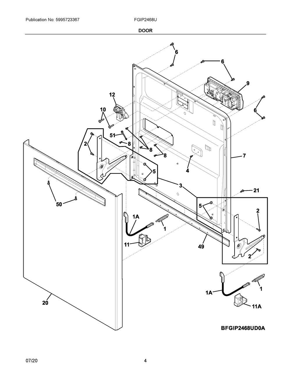 Door Diagram and Parts List for FGIP2468UF1A  Frigidaire Dishwasher
