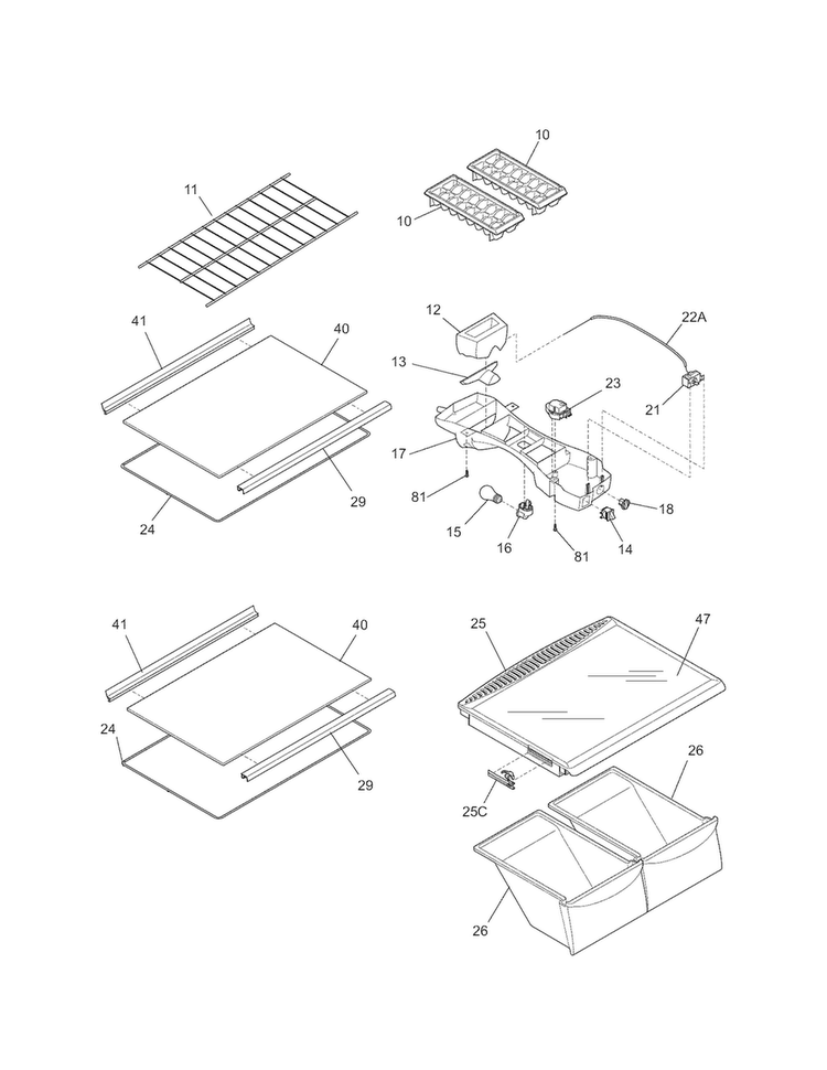Shelves Diagram and Parts List for 25368882017  Kenmore Refrigerator