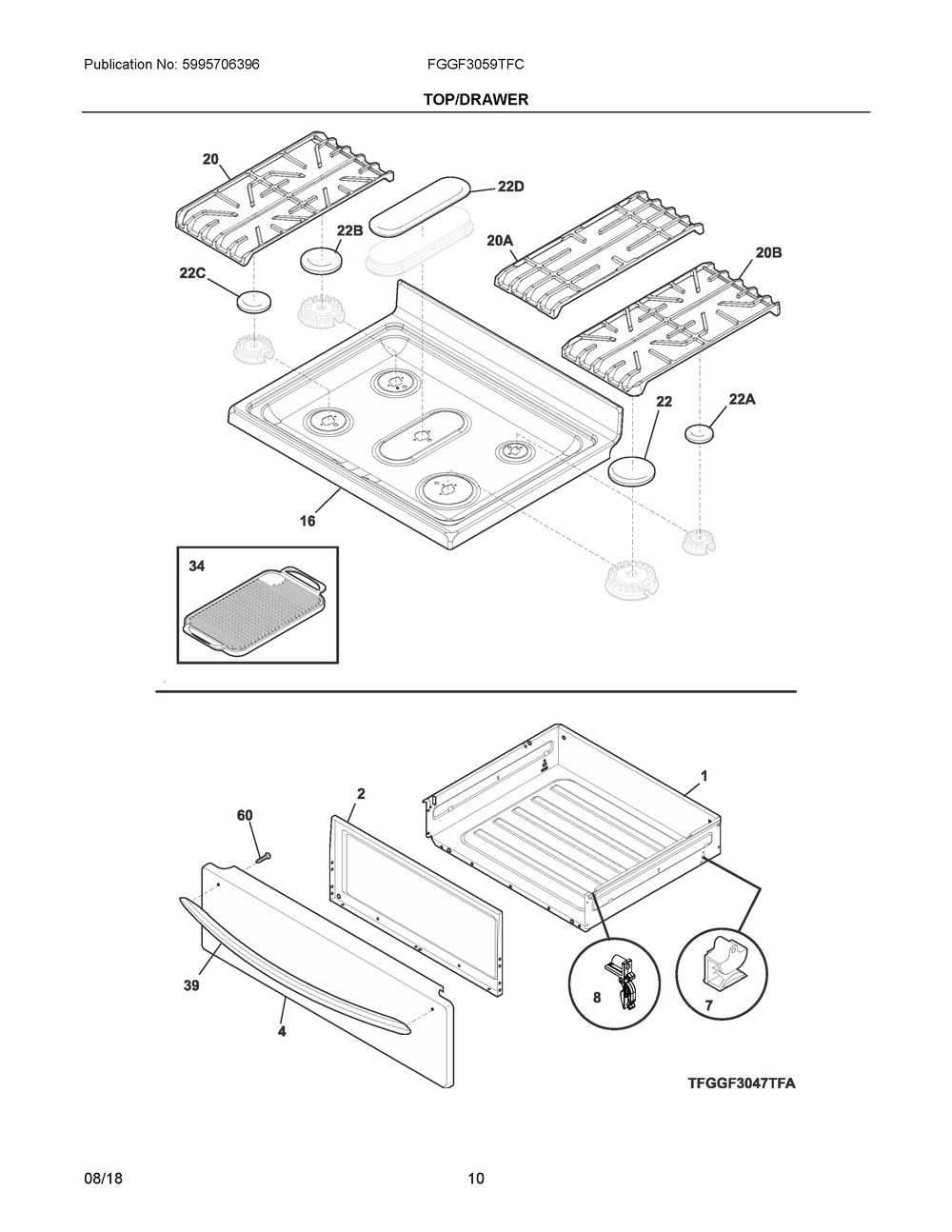Top/drawer Diagram and Parts List for FGGF3059TFC  Frigidaire Range