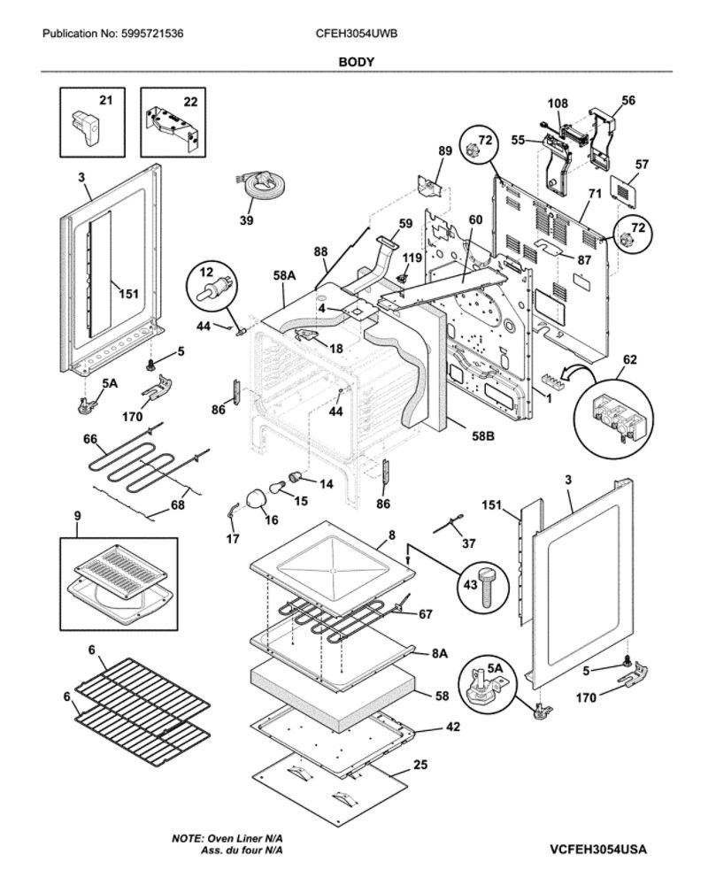 Body Diagram and Parts List for CFEH3054UWB  Frigidaire Range