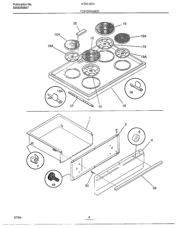 Top/drawer Diagram and Parts List for 4847-80B  Frigidaire Range