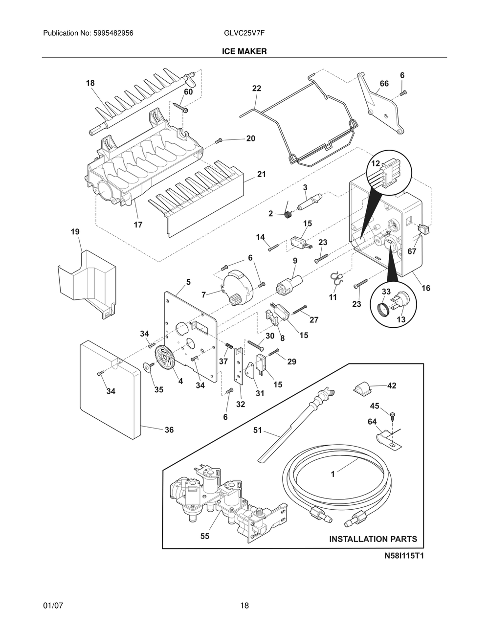 Ice Maker Diagram and Parts List for GLVC25V7FW2  Frigidaire Refrigerator
