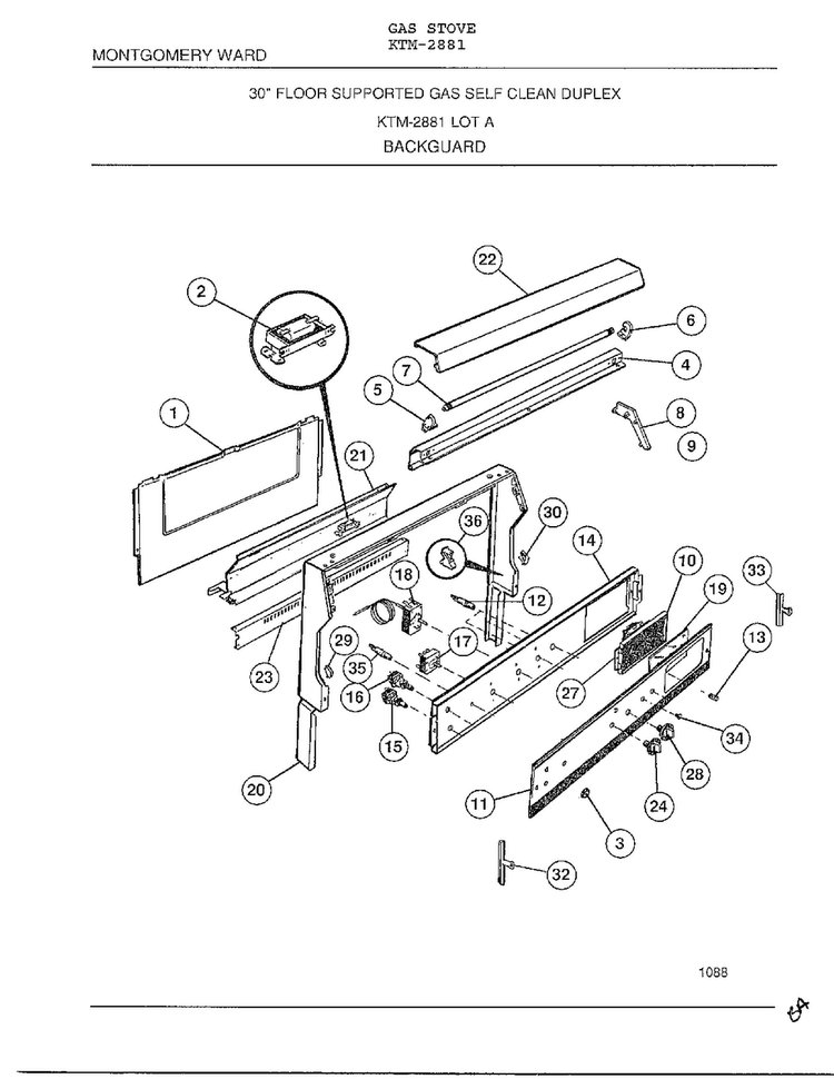 Backguard Diagram and Parts List for 2881  Frigidaire Range