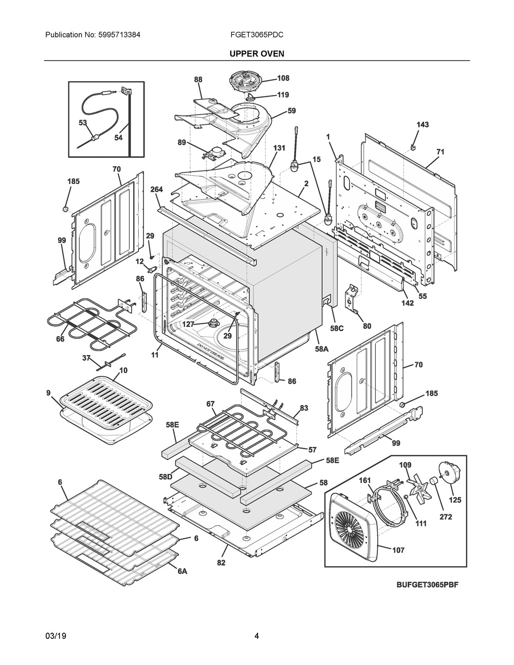 Upper Oven Diagram and Parts List for FGET3065PDC  Frigidaire Wall Oven