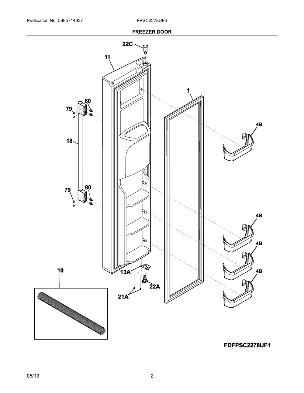 Freezer Door Diagram and Parts List for FPSC2278UF6  Frigidaire Refrigerator