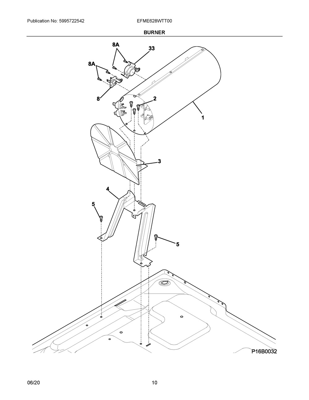 Burner Diagram and Parts List for EFME628WTT00  Frigidaire Dryer