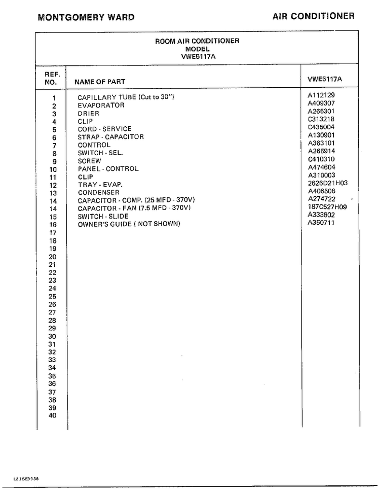 Room Air Conditioner Page 4 Diagram and Parts List for 5117A  Frigidaire Air Conditioner