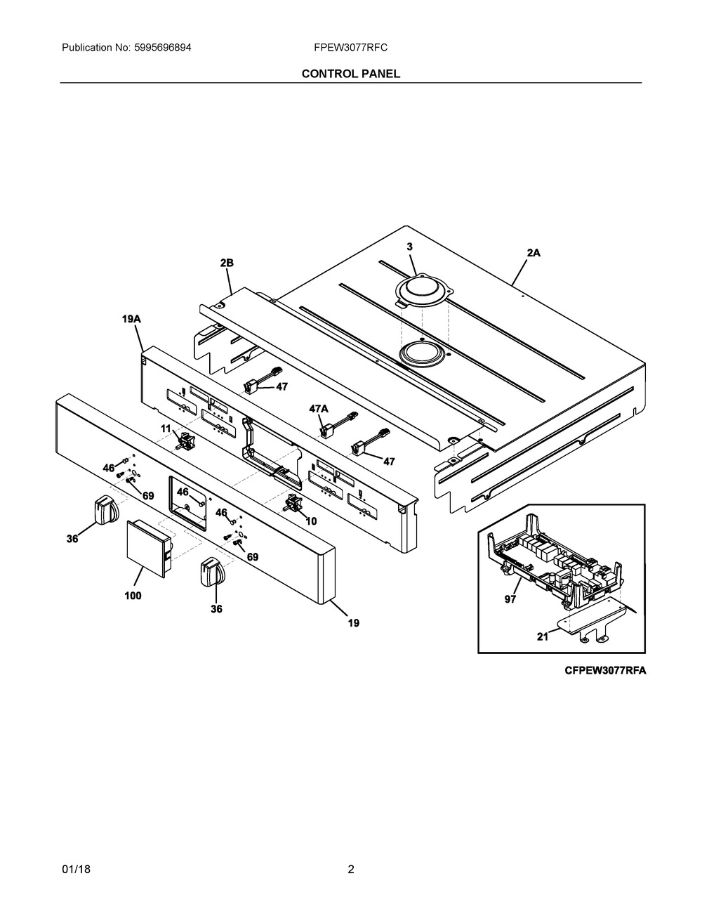 Control Panel Diagram and Parts List for FPEW3077RFC  Frigidaire Wall Oven