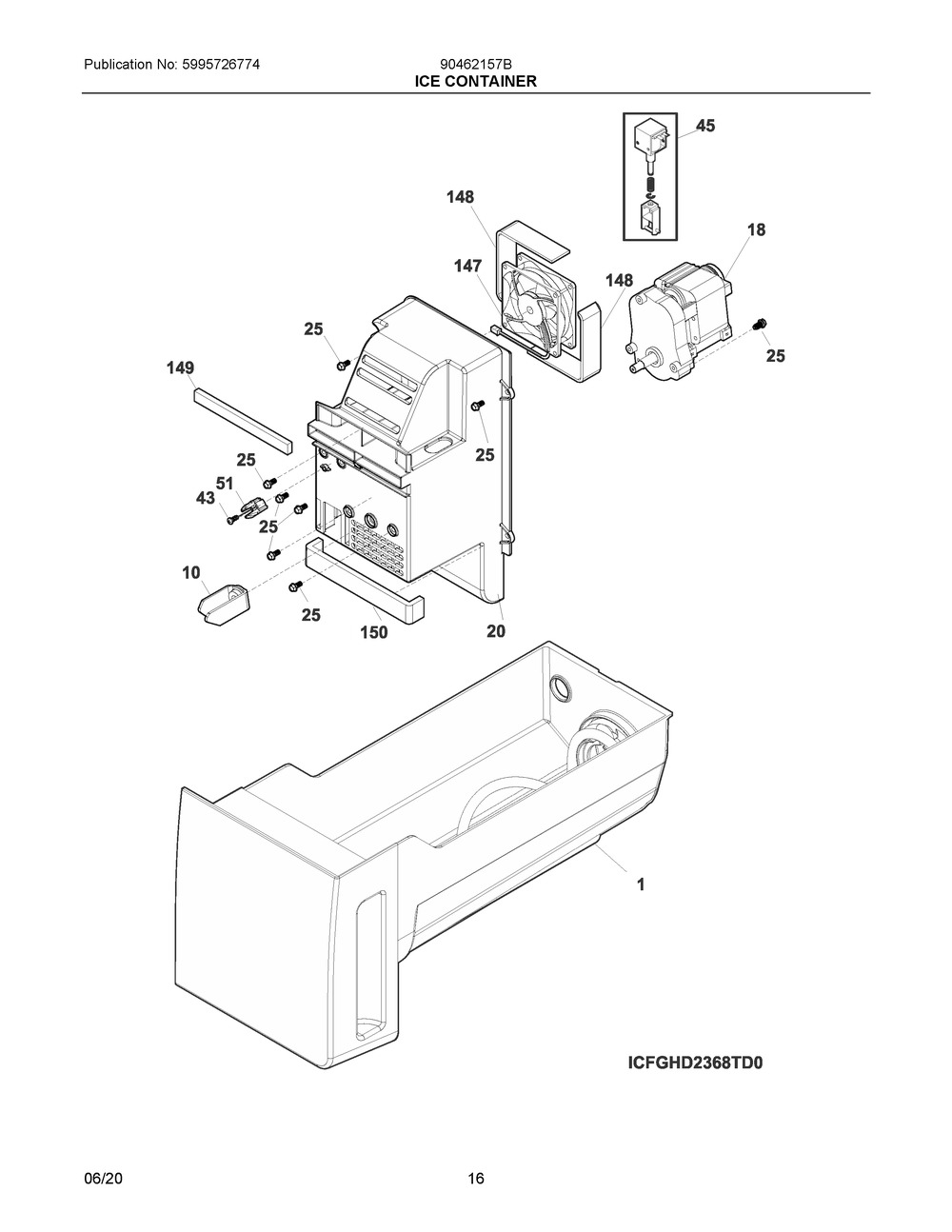 Ice Container Diagram and Parts List for 90462157B  Frigidaire Refrigerator