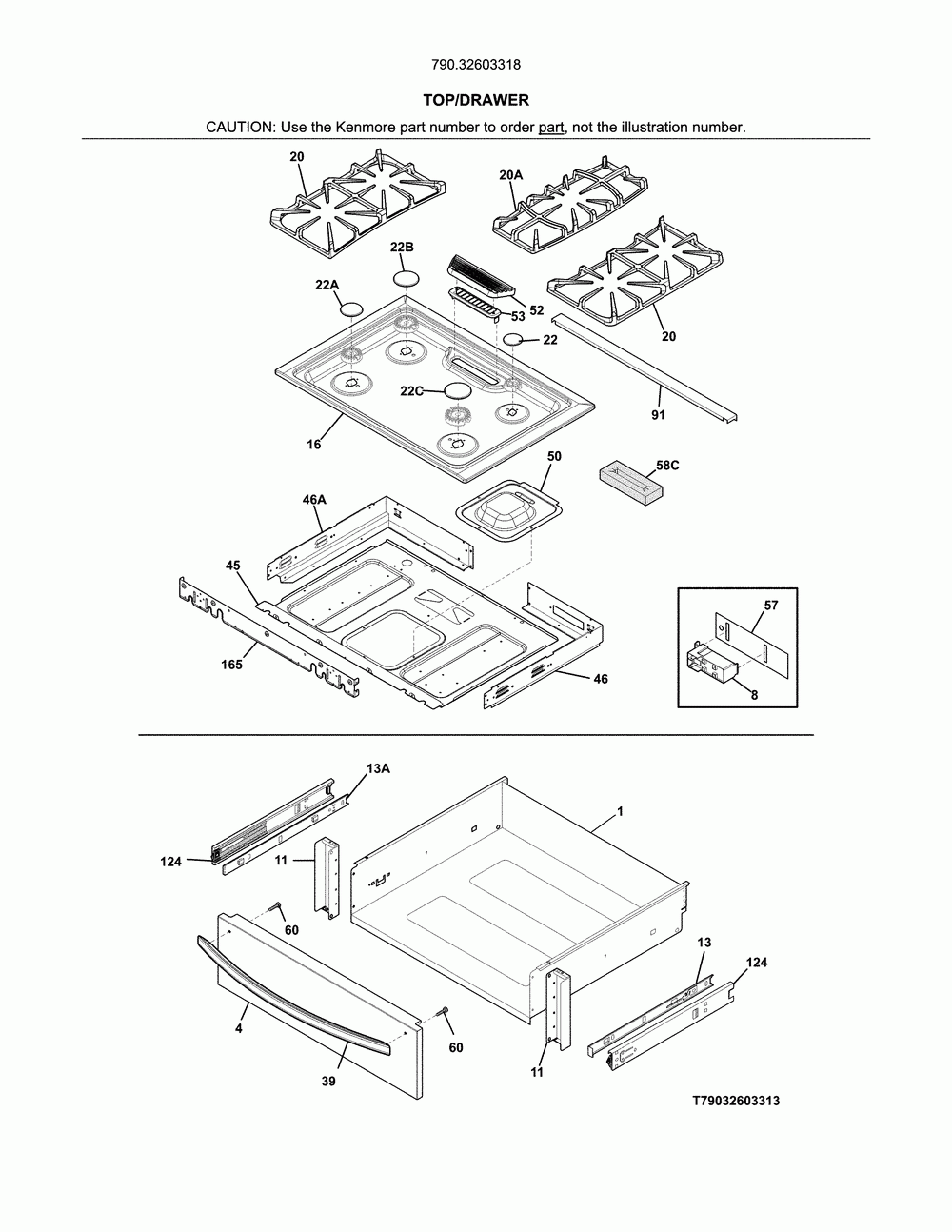 Top/drawer Diagram and Parts List for 79032603318  Kenmore Range