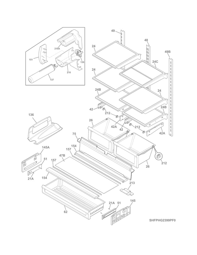 Shelves Diagram and Parts List for FGHG2366PF6A  Frigidaire Refrigerator