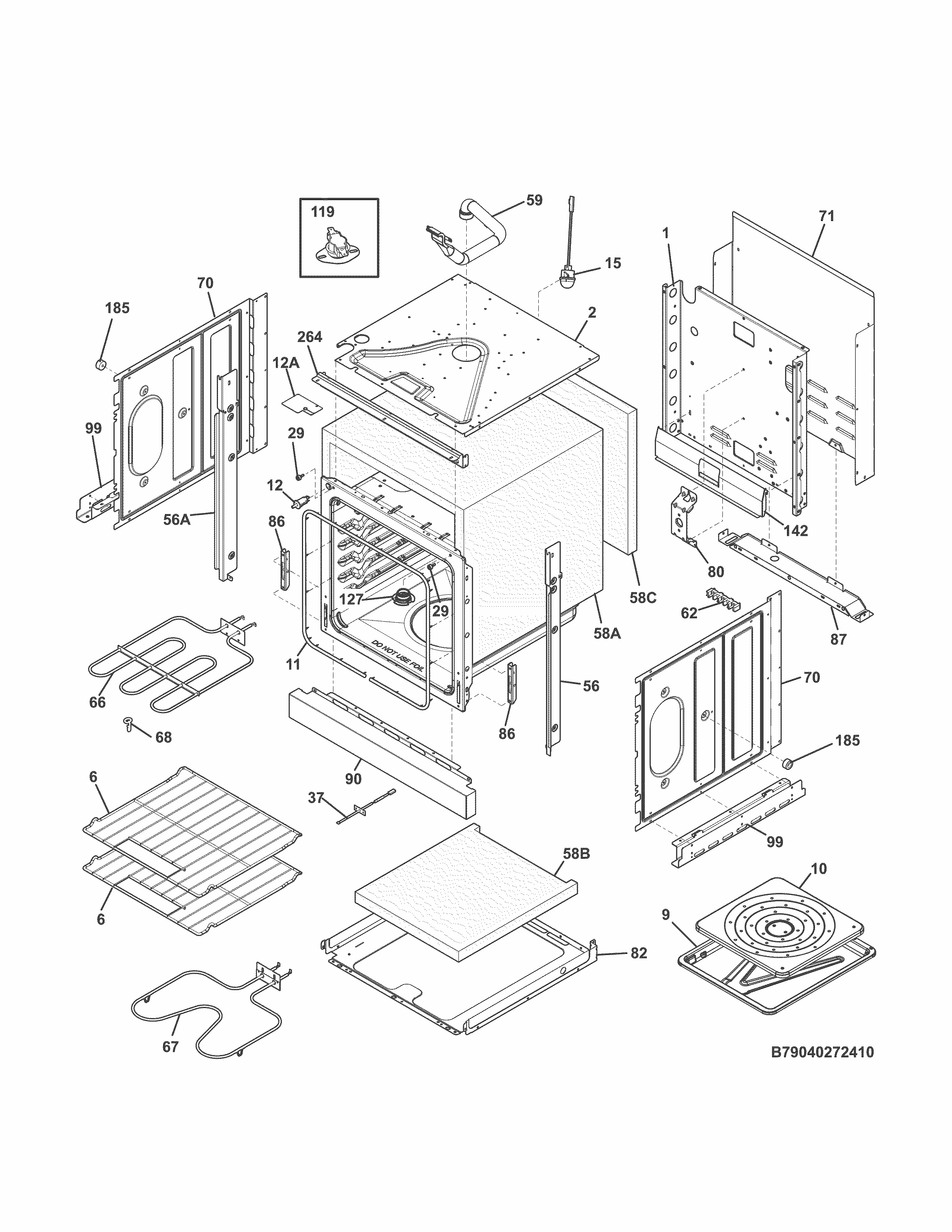 Body Diagram and Parts List for 79040279410  Kenmore Wall Oven
