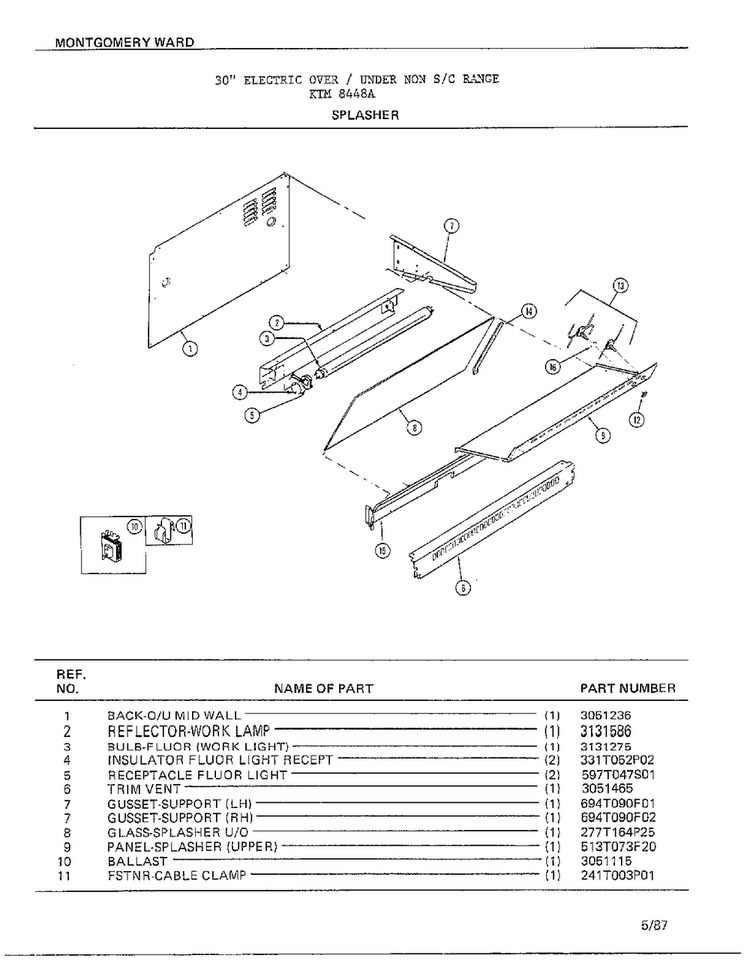 Splasher Diagram and Parts List for 8448A  Frigidaire Range