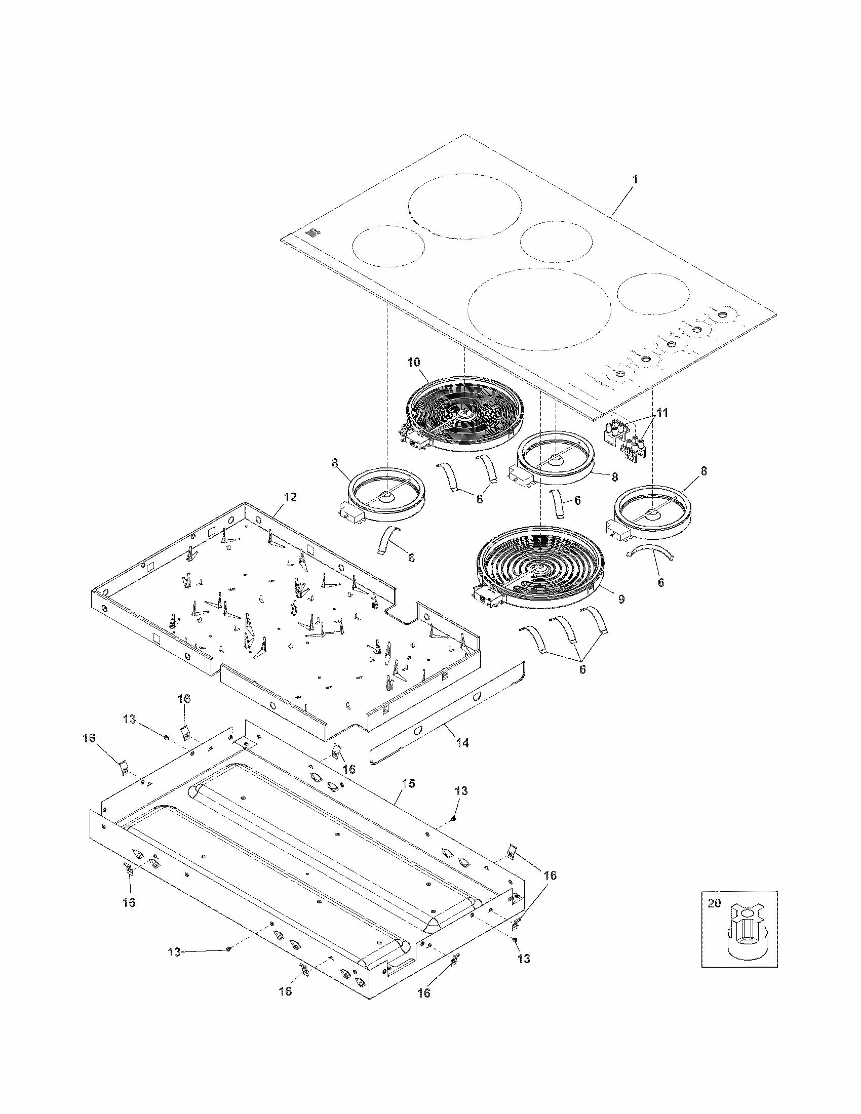 Main Top/surface Units Diagram and Parts List for 79045302410  Kenmore Cooktop