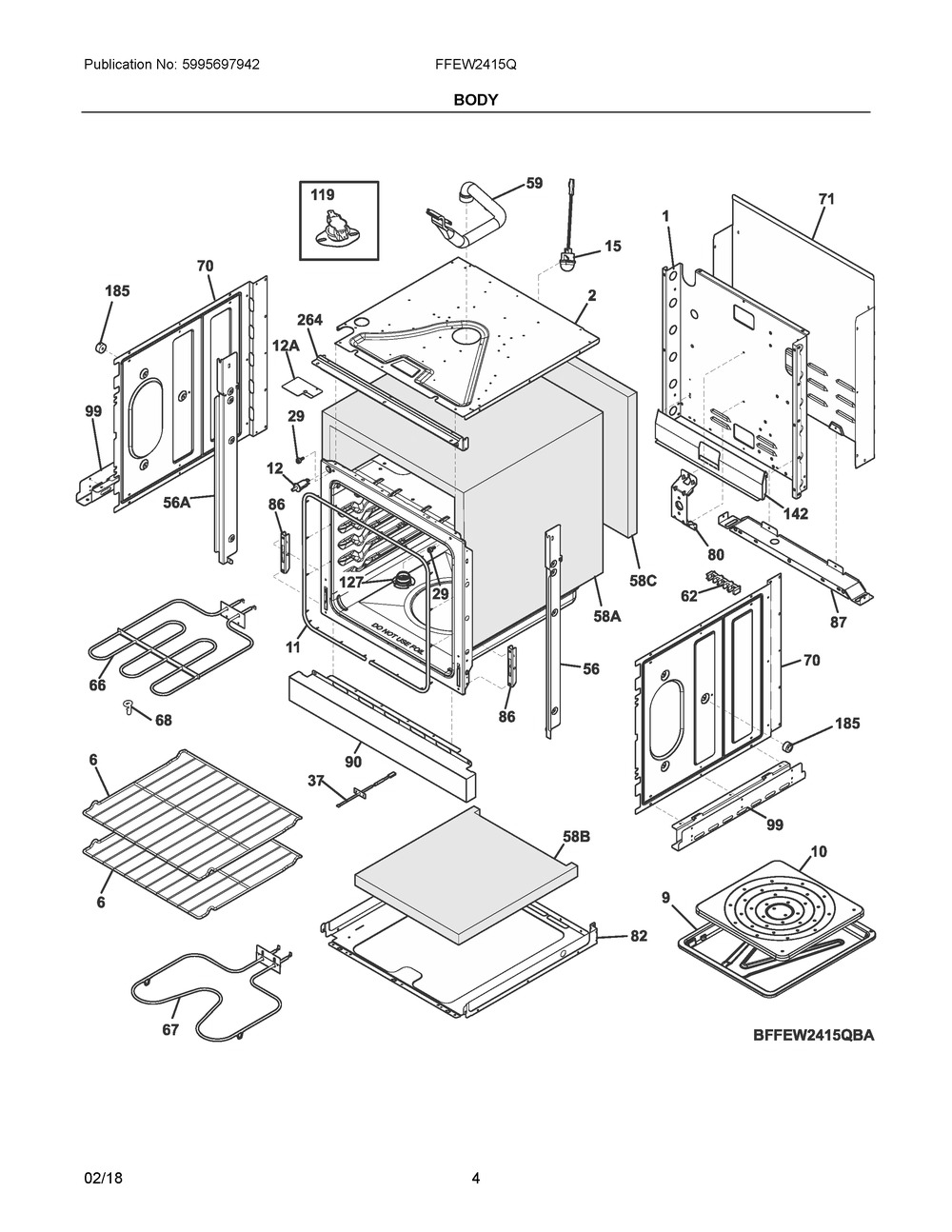 Body Diagram and Parts List for FFEW2415QWC  Frigidaire Wall Oven