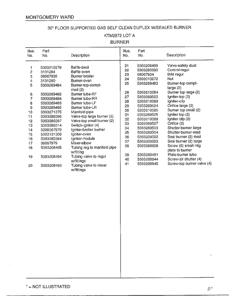 Burner Page 2 Diagram and Parts List for 2872A  Frigidaire Range