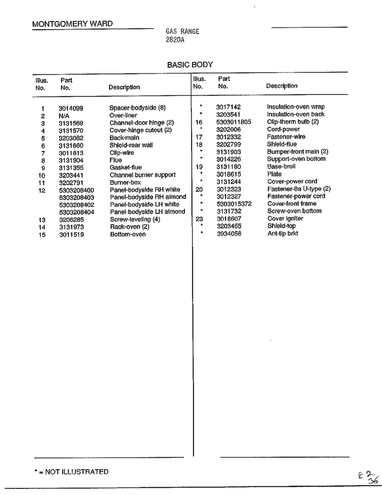 Basic Body Page 2 Diagram and Parts List for 2820A  Frigidaire Range