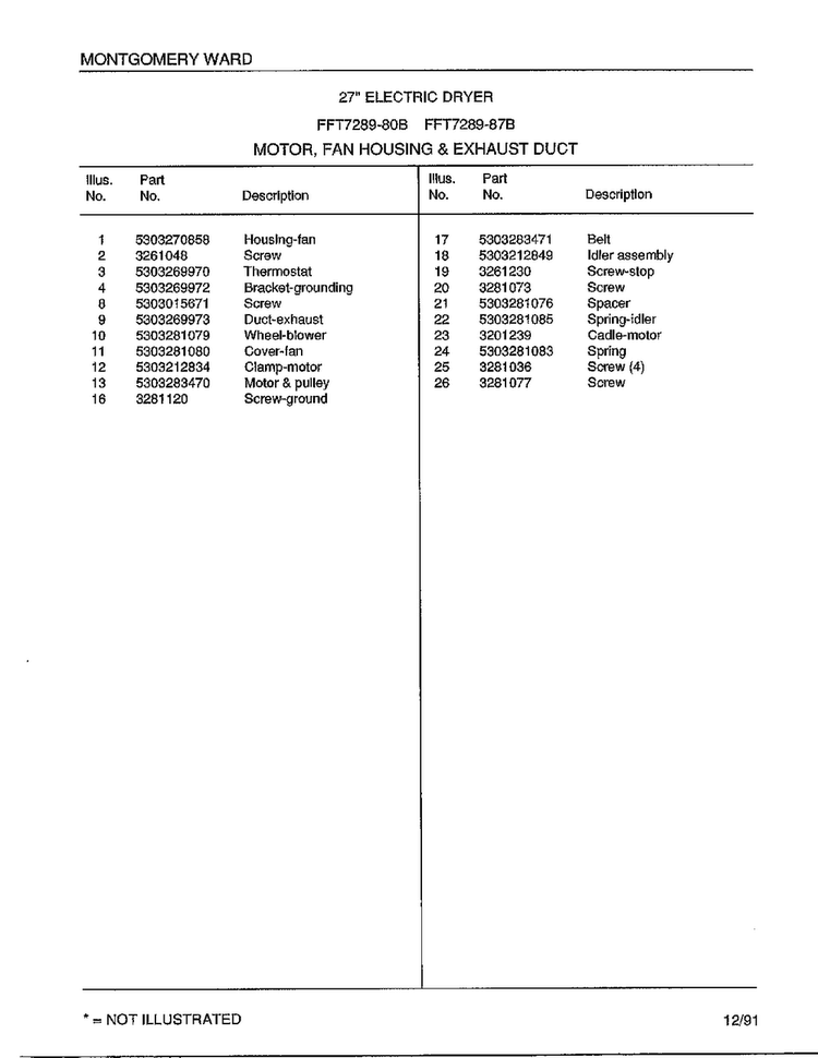 Motor/ Fan Housing And Exhaust Duct Page 2 Diagram and Parts List for 7289-80B  Frigidaire Dryer
