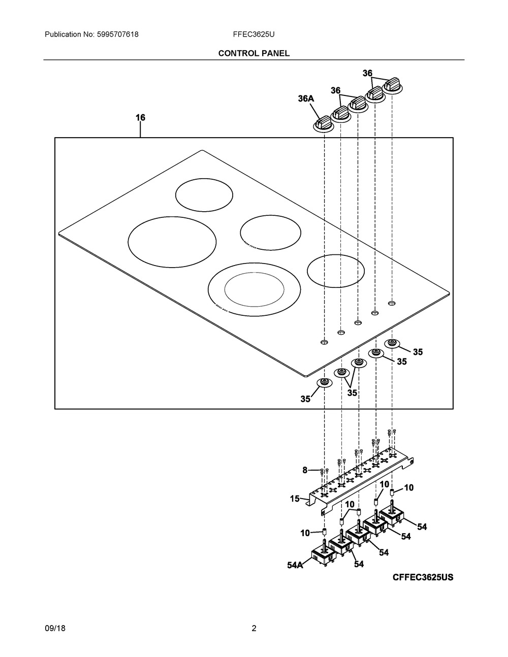 Control Panel Diagram and Parts List for FFEC3625UB  Frigidaire Cooktop