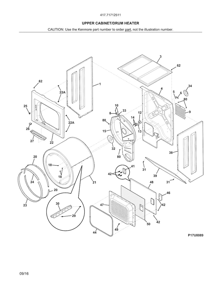 Upper Cabinet/drum Heater Diagram and Parts List for 41771712511  Kenmore Washer Dryer Combo