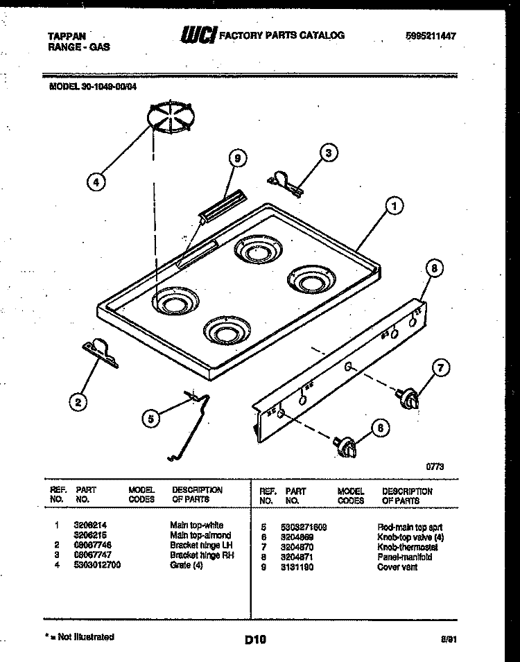 COOKTOP PARTS Diagram and Parts List for 30-1049-00-04  Tappan Range