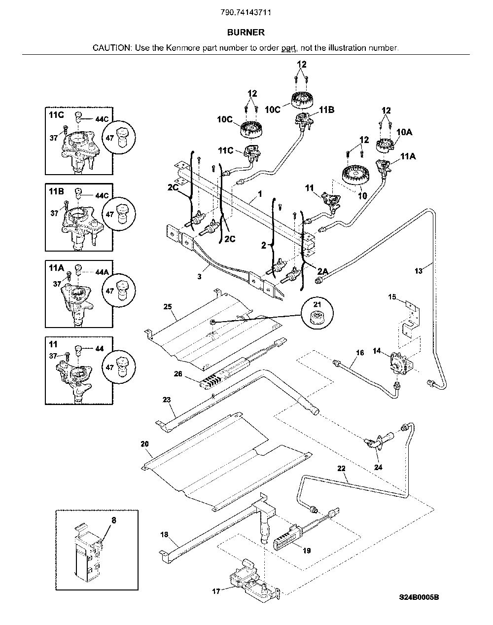 Burner Diagram and Parts List for 79074143711  Kenmore Range