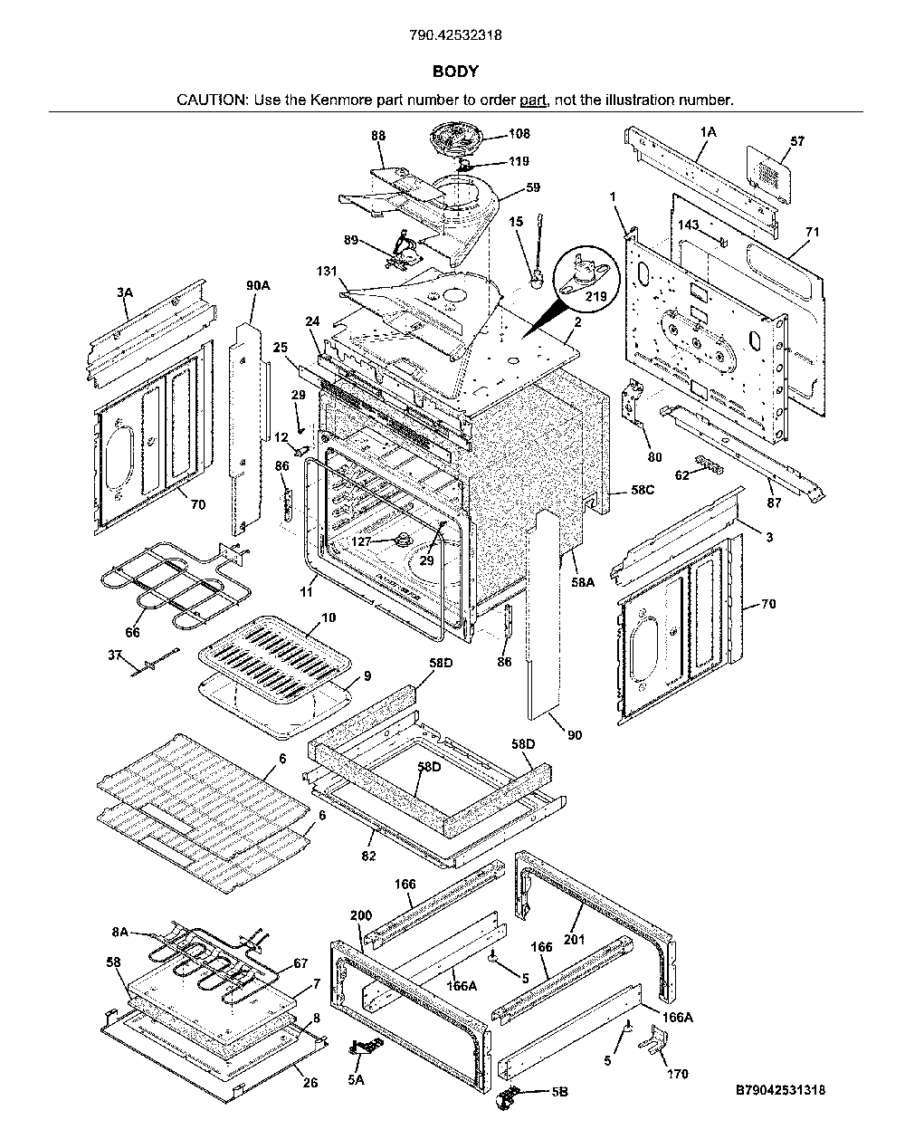 Body Diagram and Parts List for 79042532318  Kenmore Range
