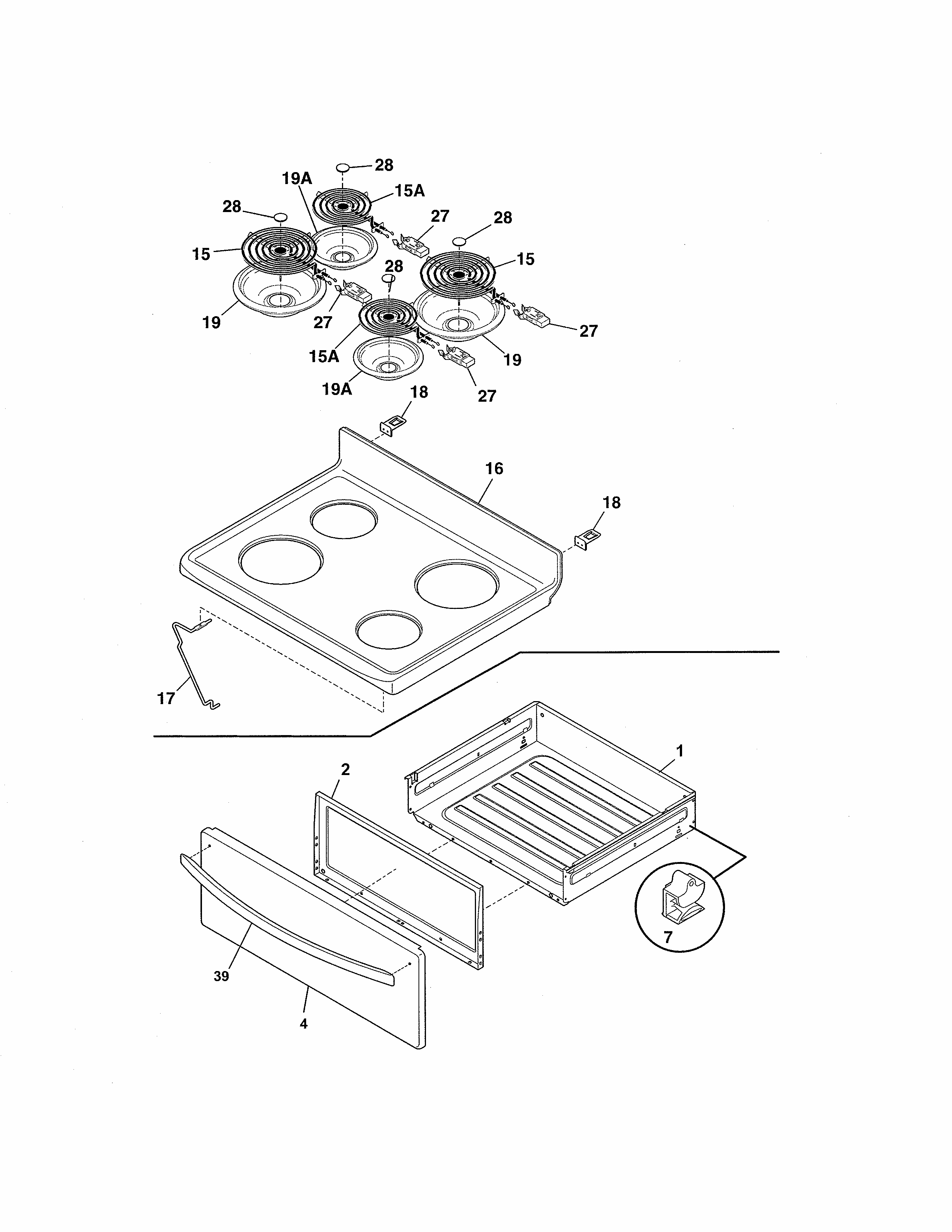 Top/drawer Diagram and Parts List for 970598434  Kenmore Range