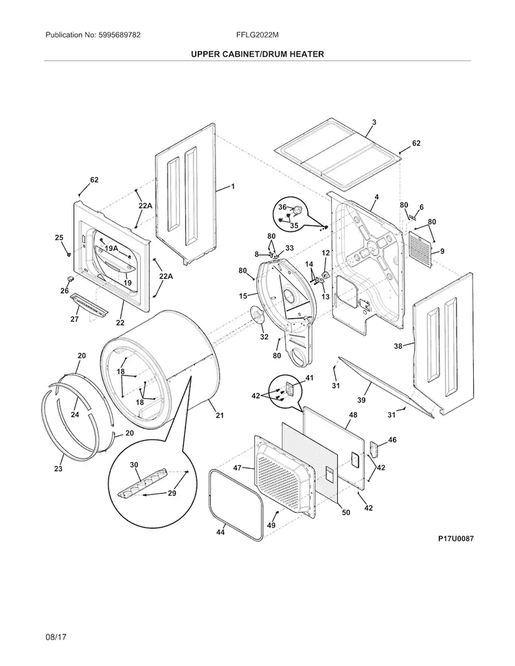 Upper Cabinet/drum Heater Diagram and Parts List for FFLG2022MW3  Frigidaire Washer Dryer Combo