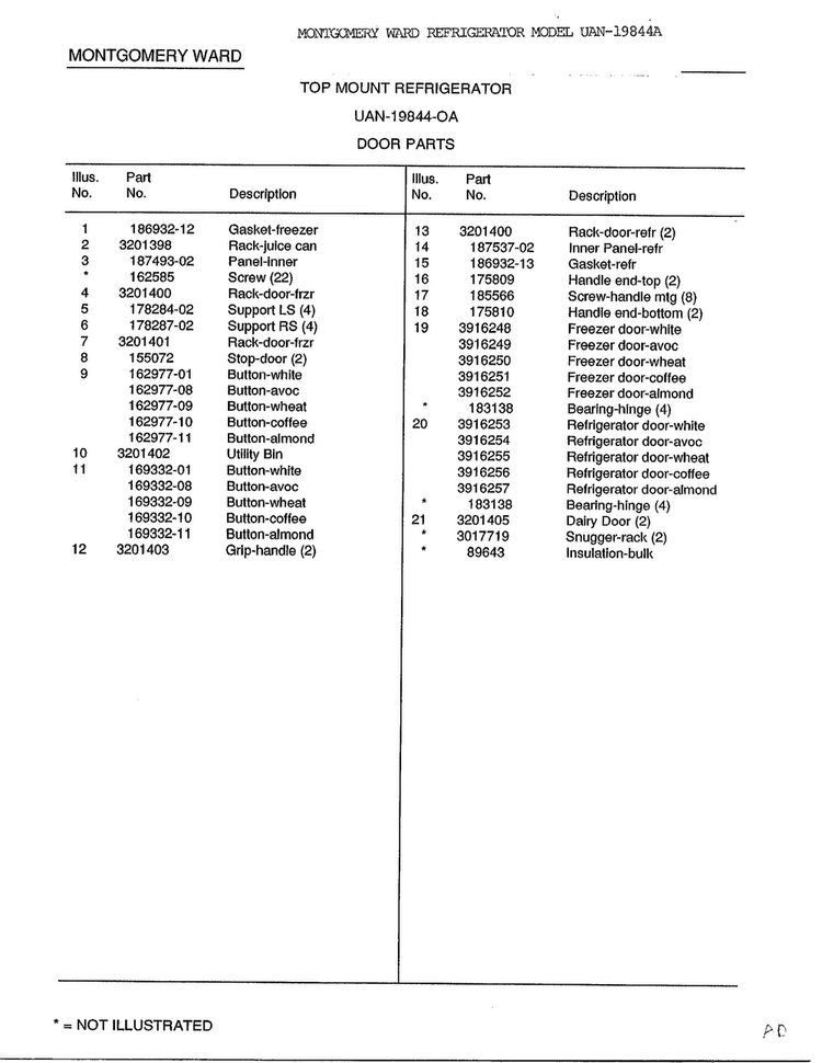 Door Parts Page 2 Diagram and Parts List for 19844A  Frigidaire Refrigerator
