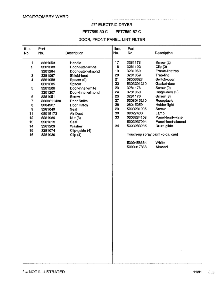 Door/front Panel/lint Filter Page 2 Diagram and Parts List for 7589-80C  Frigidaire Dryer