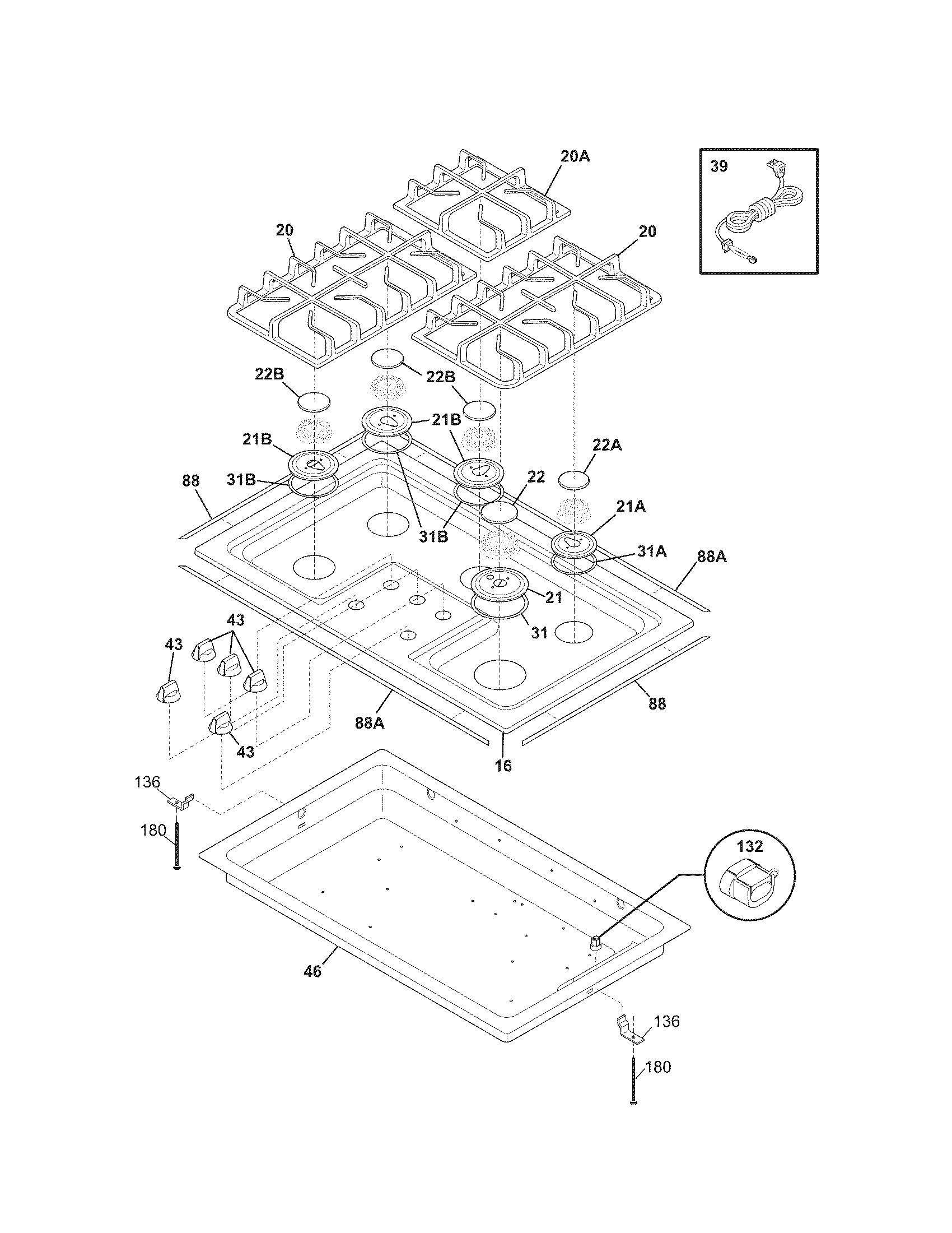 Maintop Diagram and Parts List for 79032433900  Kenmore Cooktop