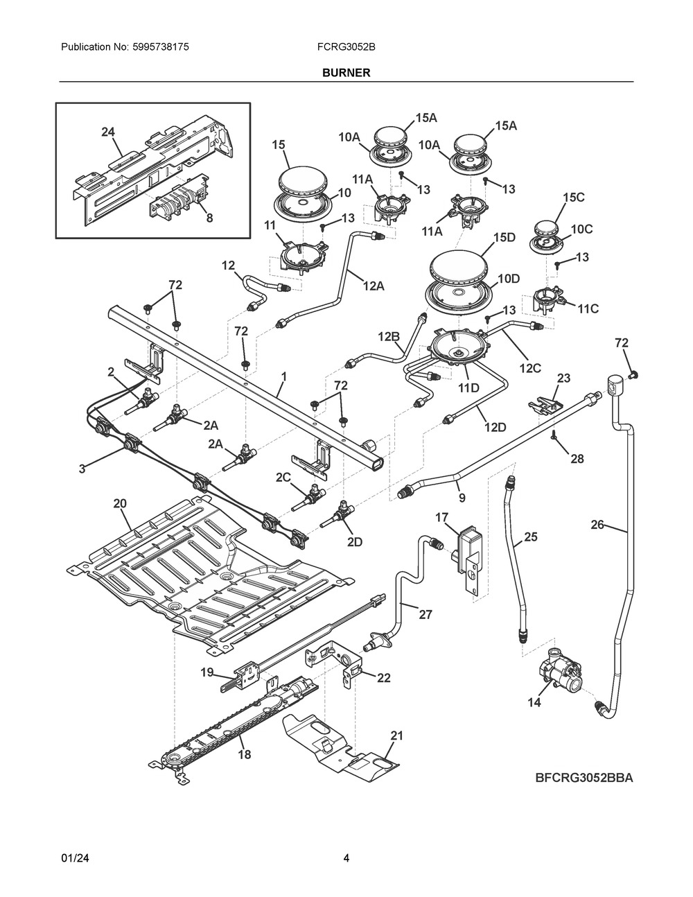 Burner Diagram and Parts List for FCRG3052BBA  Frigidaire Range