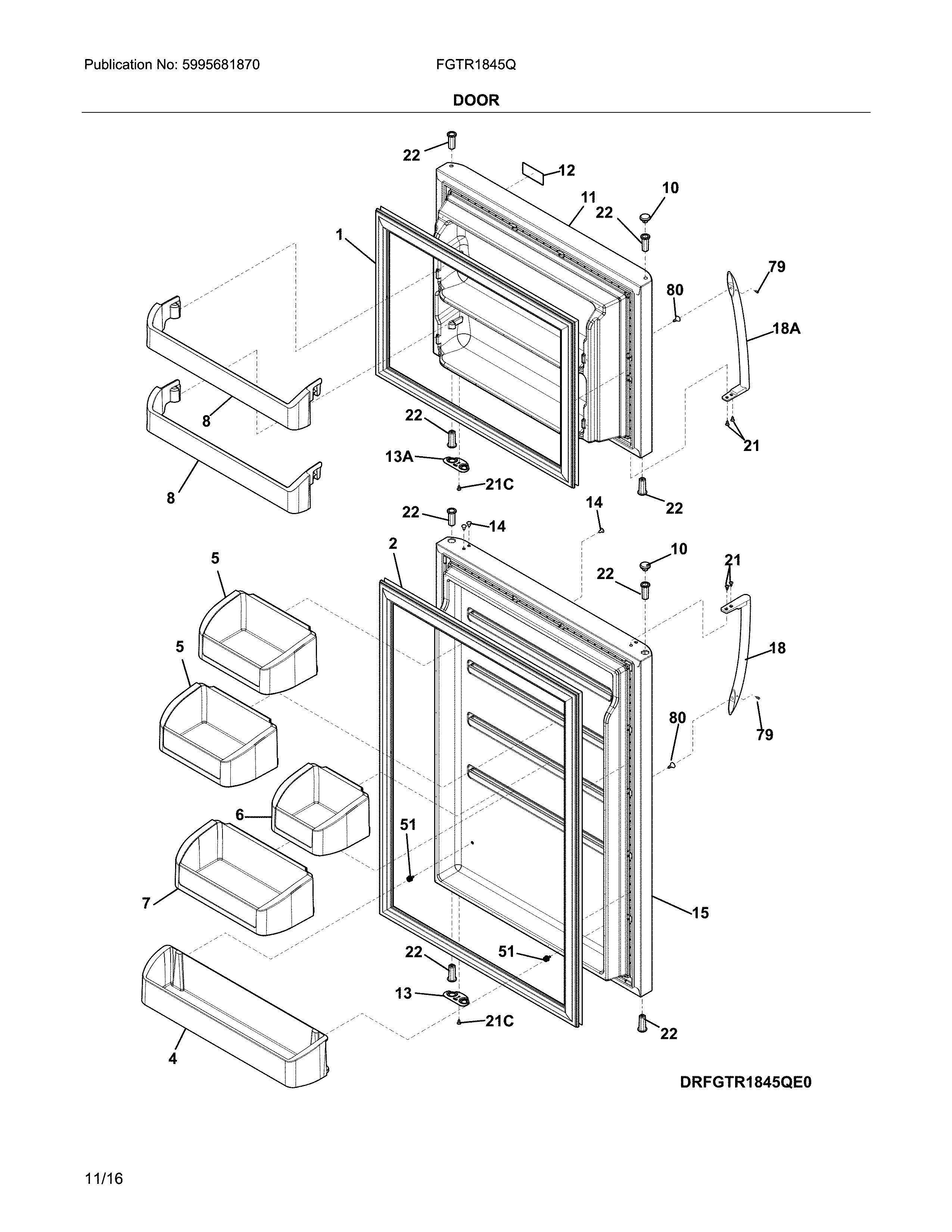 Door Diagram and Parts List for FGTR1845QF3  Frigidaire Refrigerator