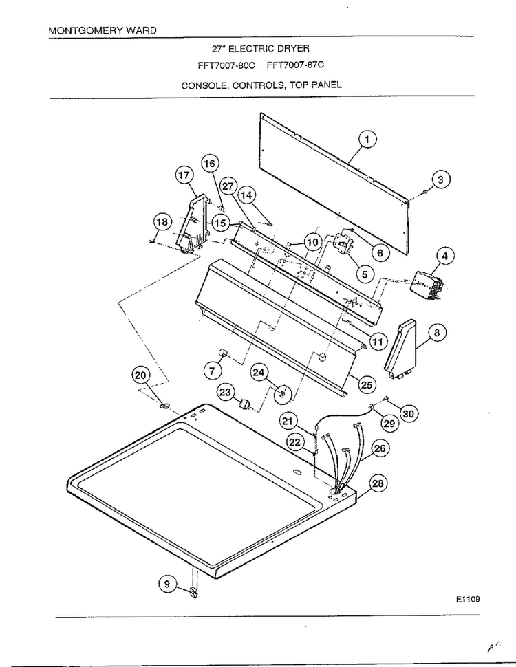 Console, Controls, Top Panel Diagram and Parts List for 7007-80C  Frigidaire Dryer
